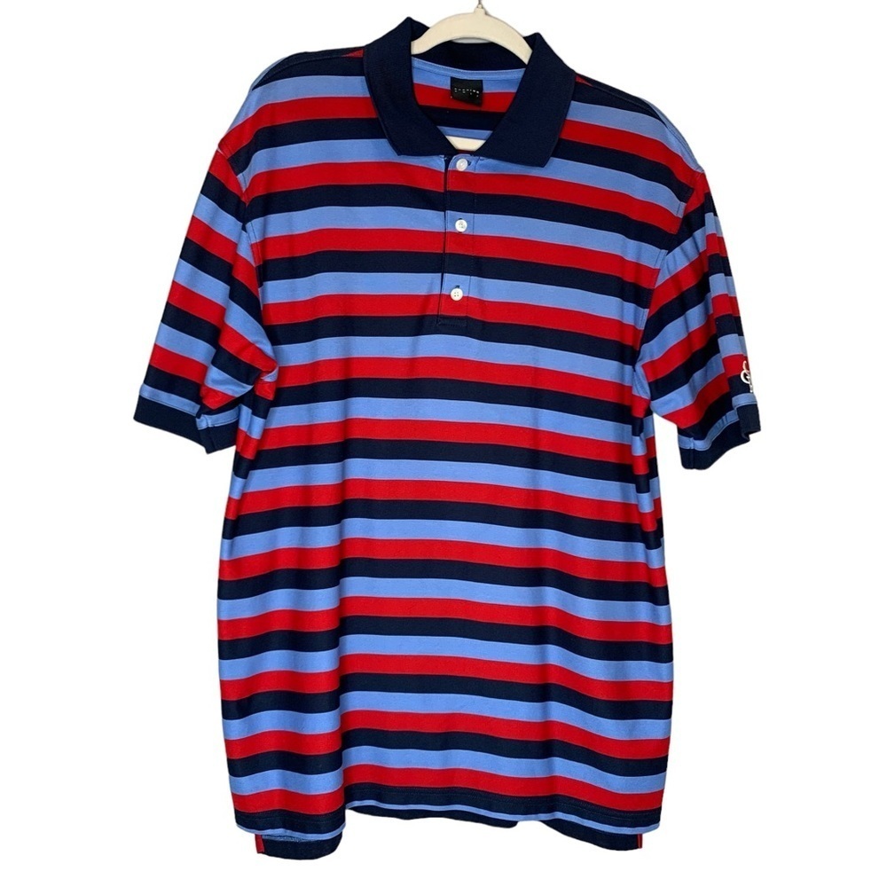 Dunning Golf navy, light blue, and red‎ stripe short sleeve polo shirt. Size XL